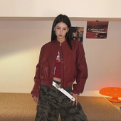 DoubleD美式 复古红色pu皮衣外套女秋冬短款 宽松显瘦机车夹克上衣