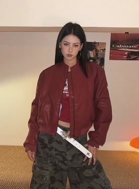 DoubleD美式复古红色pu皮衣外套女秋冬短款宽松显瘦机车夹克上衣