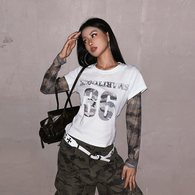 美式字母数字迷彩长袖显瘦T恤