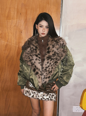 DoubleD豹纹毛领棉服bomber机车服夹克冬季加厚军绿色棉衣外套潮
