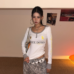 T恤女修身 显瘦上衣潮 复古运动风撞色U领字母印花长袖 DoubleD美式