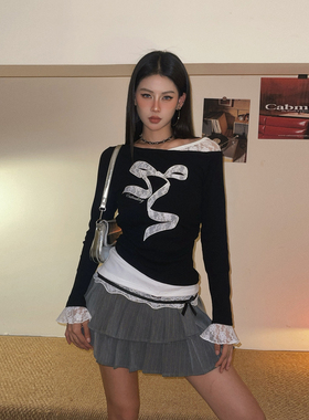 DoubleD美式甜酷风蕾丝蝴蝶结斜肩长袖T恤女秋季修身显瘦内搭上衣