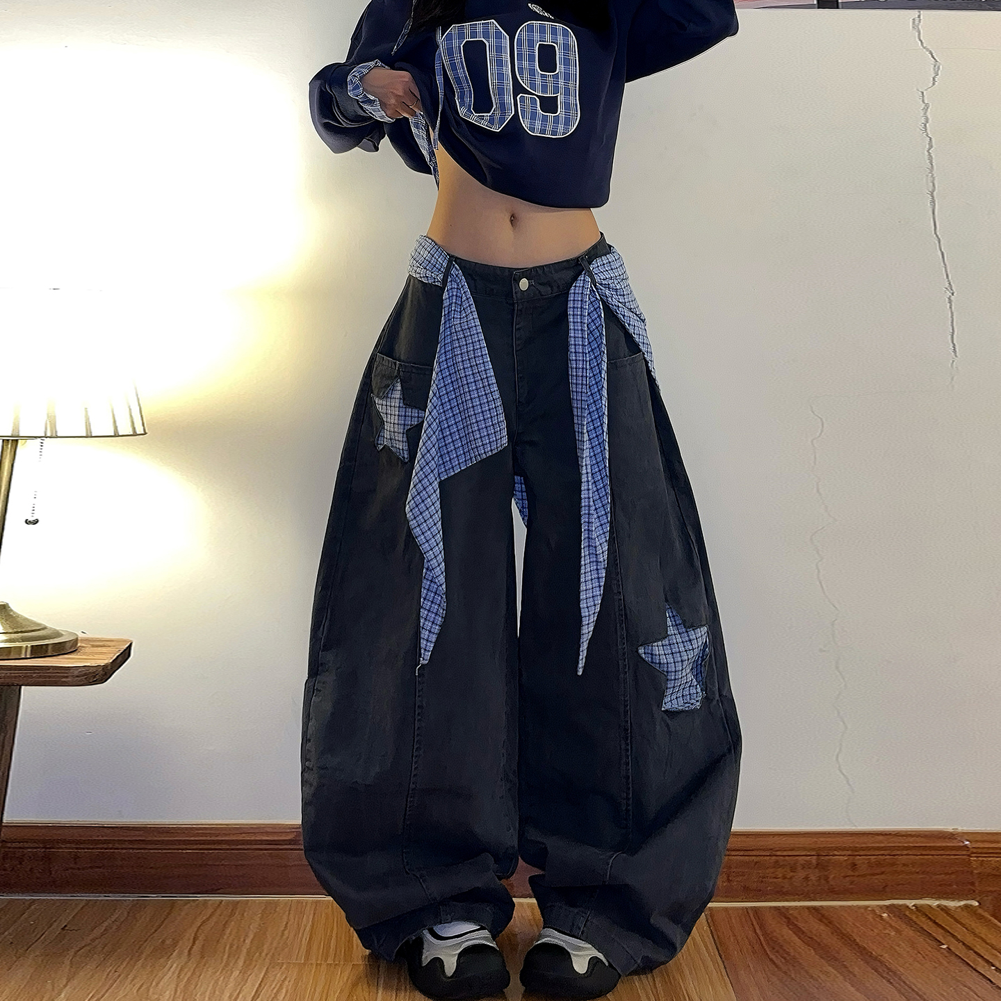 美式复古格子星星拼接休闲裤女