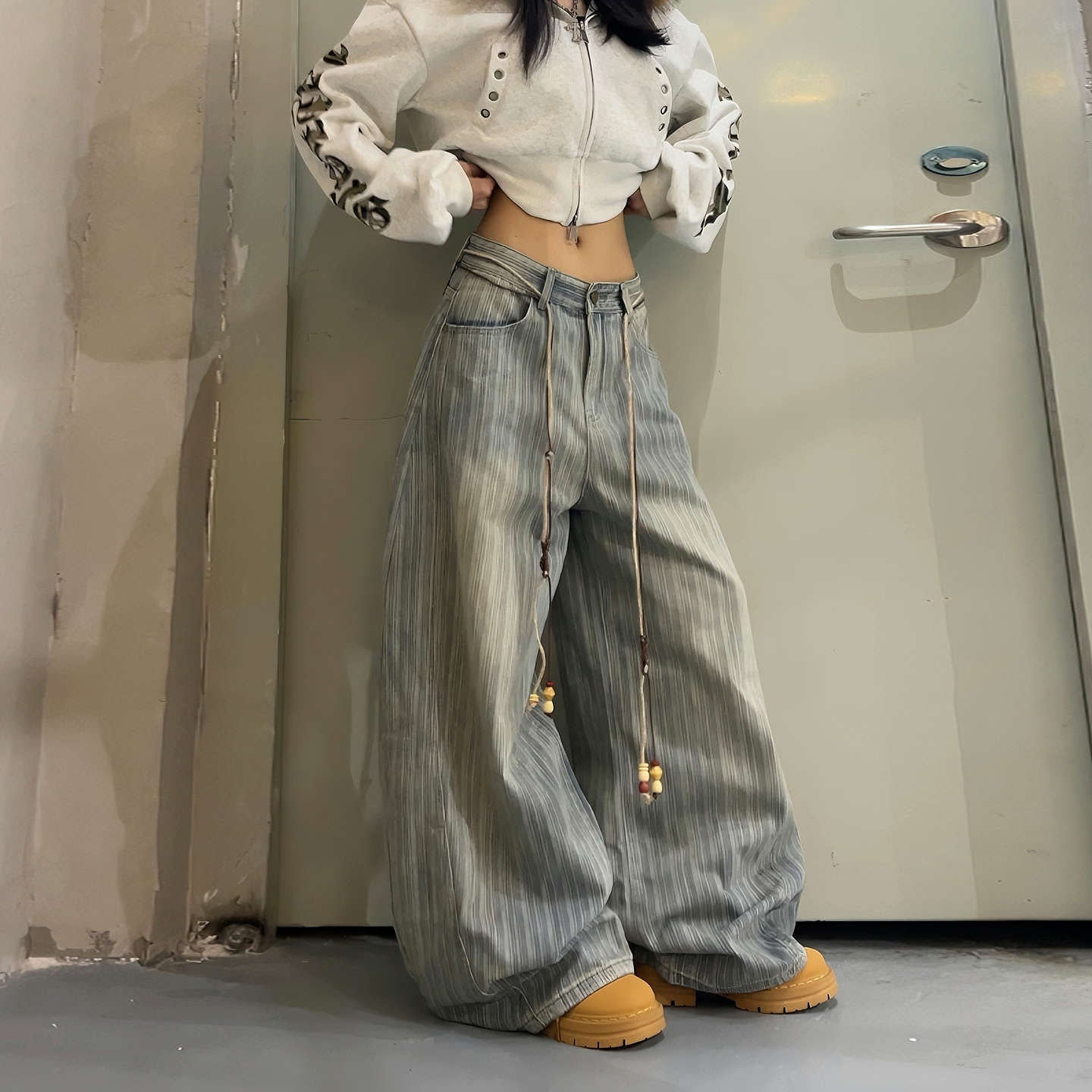 2025新款复古竖条纹阔腿牛仔裤