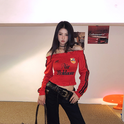 美式复古运动风球衣一字肩长袖