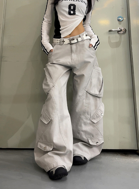 DoubleD美式工装风灰色多口袋阔腿裤男女宽松解构弯刀裤休闲裤潮