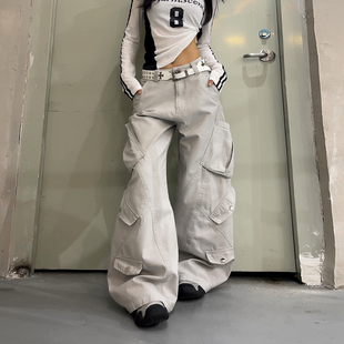 DoubleD美式工装风灰色多口袋阔腿裤男女宽松解构弯刀裤休闲裤潮