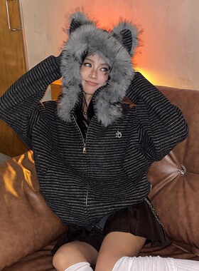 DoubleD美式黑色条纹耳朵座山雕毛领连帽加绒卫衣开衫冬棉衣外套