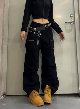 DoubleD美式街头十字架铆钉多口袋黑色工装裤男女宽松直通休闲裤