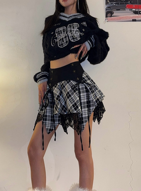 DoubleD美式复古黑色格纹拼接蕾丝柳钉不规则半身裙女A字裙短裙子