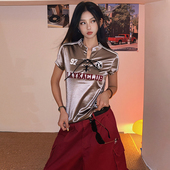 DoubleD小众银色缎面绑带设计感运动风球衣女辣妹修身 显瘦短袖 T恤