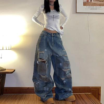 美式复古做旧破洞牛仔裤女