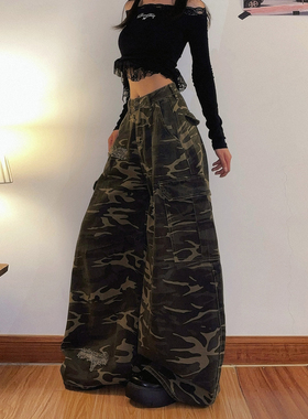 DoubleD美式复古辣妹磨破迷彩工装裤女宽松慵懒弯刀裤拖地长裤子