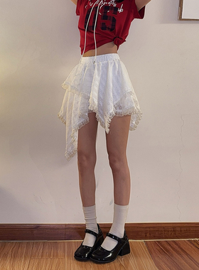 DoubleD美式复古白色蕾丝拼接半身裙女高腰A字鱼尾裙不规则短裙