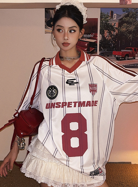 DoubleD美式复古球衣短袖T恤女泽西风撞色条纹V领运动风情侣上衣