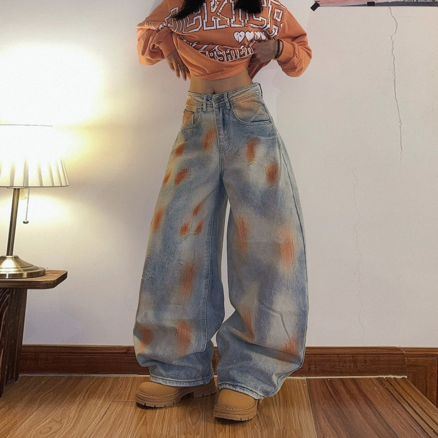 美式复古做旧泼墨阔腿牛仔裤女