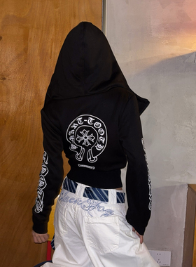 DoubleD美式哥特风十字架字母印花短款加绒连帽卫衣开衫休闲外套