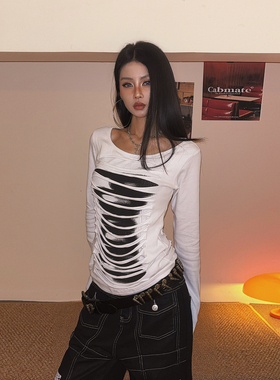 DoubleD美式辣妹性感镂空露背长袖女设计感割破印花修身T恤上衣春