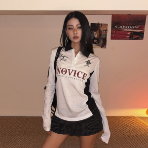 DoubleD美式复古运动风撞色球衣薄款长袖polo衫女夏季防晒罩衫潮