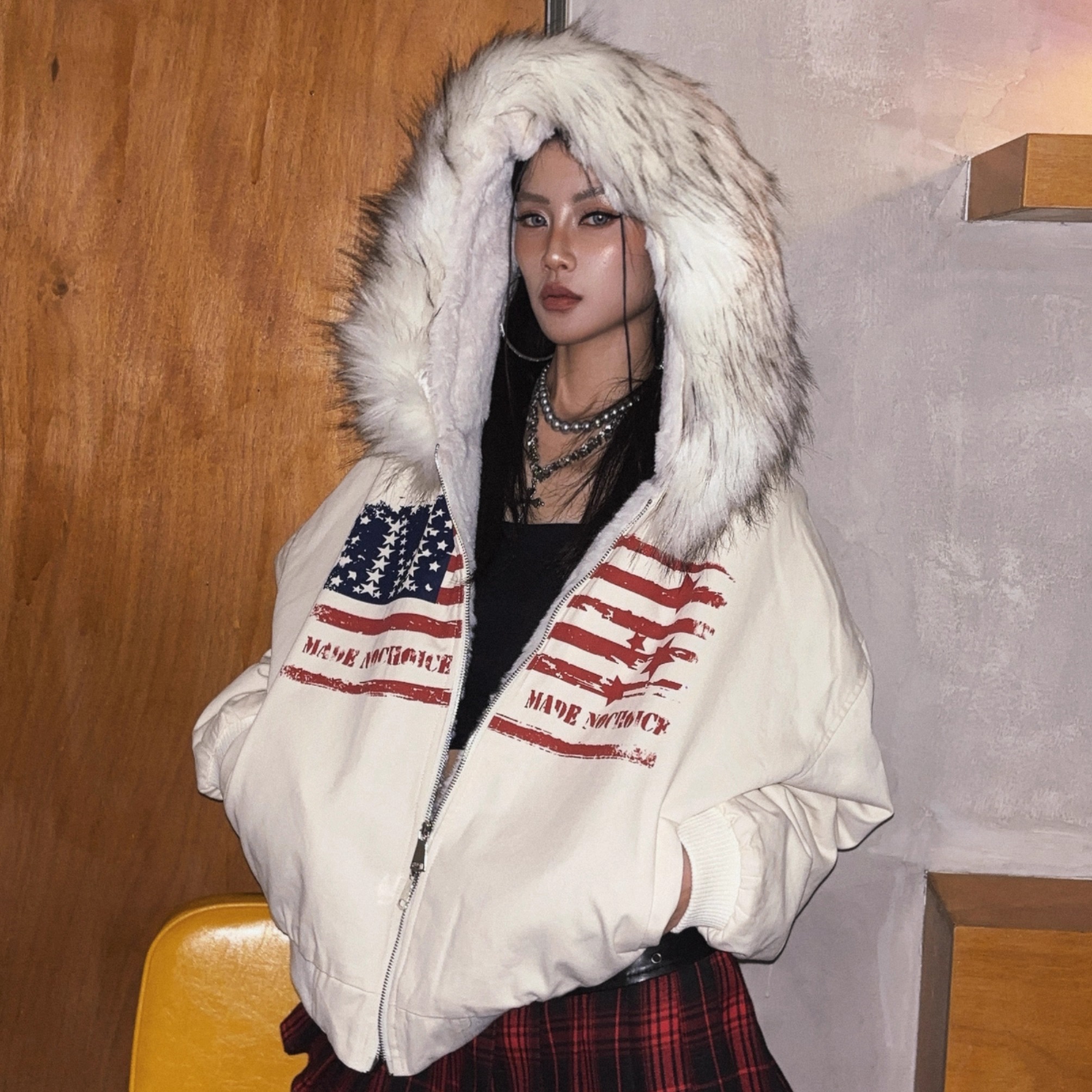 2025美式迷彩风毛领连帽棉服