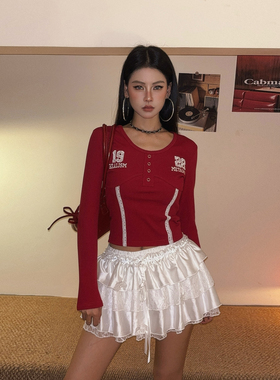 DoubleD美式复古红蕾丝数字刺绣长袖T恤女秋季修身显瘦打底衫上衣