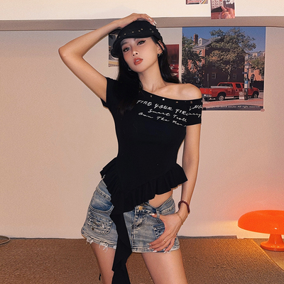 印花荷叶边短袖T恤气质