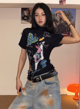 DoubleD趣味印花褶皱短袖T恤女设计感压褶高弹力修身辣妹短上衣夏