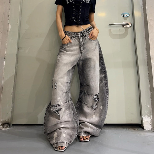 女破洞拼接做旧灰色阔腿牛仔裤