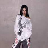 DoubleD美式 街头骑士马烫钻字母印花露肩T恤女慵懒防晒罩衫 上衣春