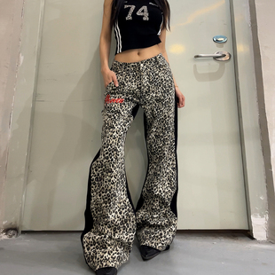 DoubleD刺绣双拼接豹纹微喇设计感高级显瘦牛仔裤 男女朋克风长裤