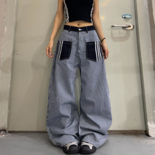 街头风高腰条纹拼色弯刀裤女