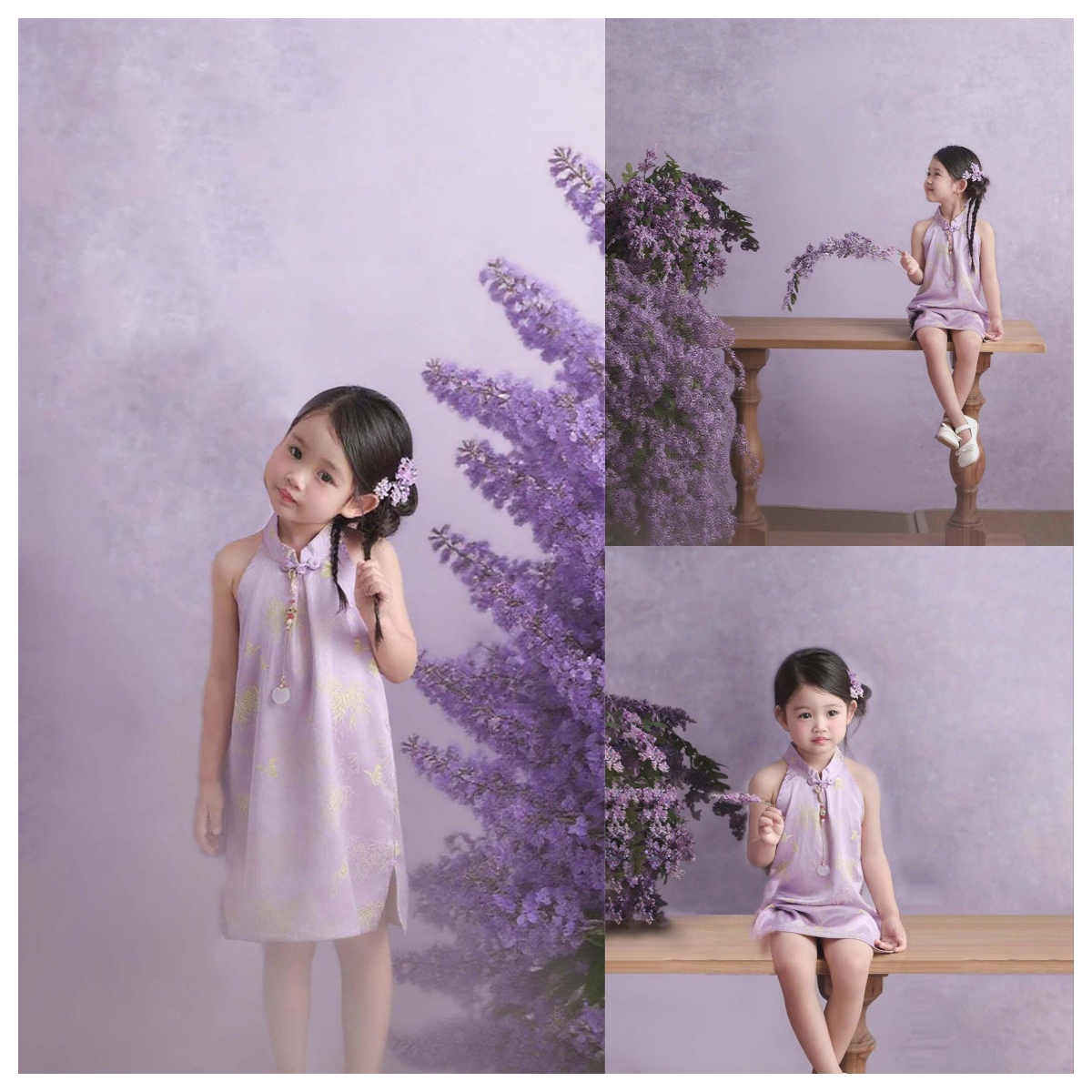 新款儿童摄影淡紫色国风旗袍精致暗纹+淡雅紫调拍写真高级感满满