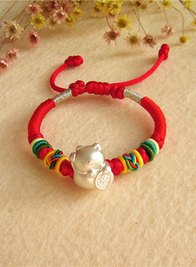 招财猫纯银民族风保平安红手绳