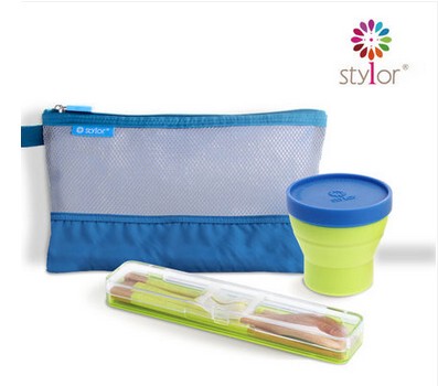 Stylor花色创意环保竹筷勺餐具便捷包折叠杯3件套装户外商务礼品