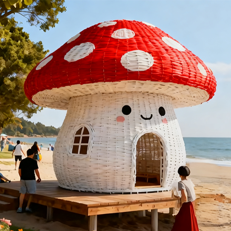 户外休闲庭院创意藤编蘑菇造型小屋景观网红打卡拍照藤编蘑菇小屋