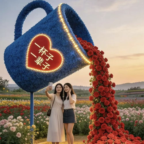户外美陈雕塑大茶壶绿雕网红打卡道具仿真绿雕景观茶壶瀑布花造景
