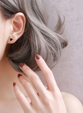 S925纯银三角形几何镶钻耳钉女 韩国黑色情侣耳环男合成锆石气质