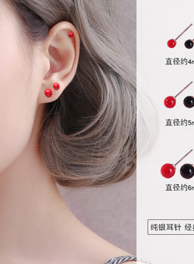 S925红豆纯银耳钉女韩国气质简约个性甜美冷淡风人造玛瑙红色耳环