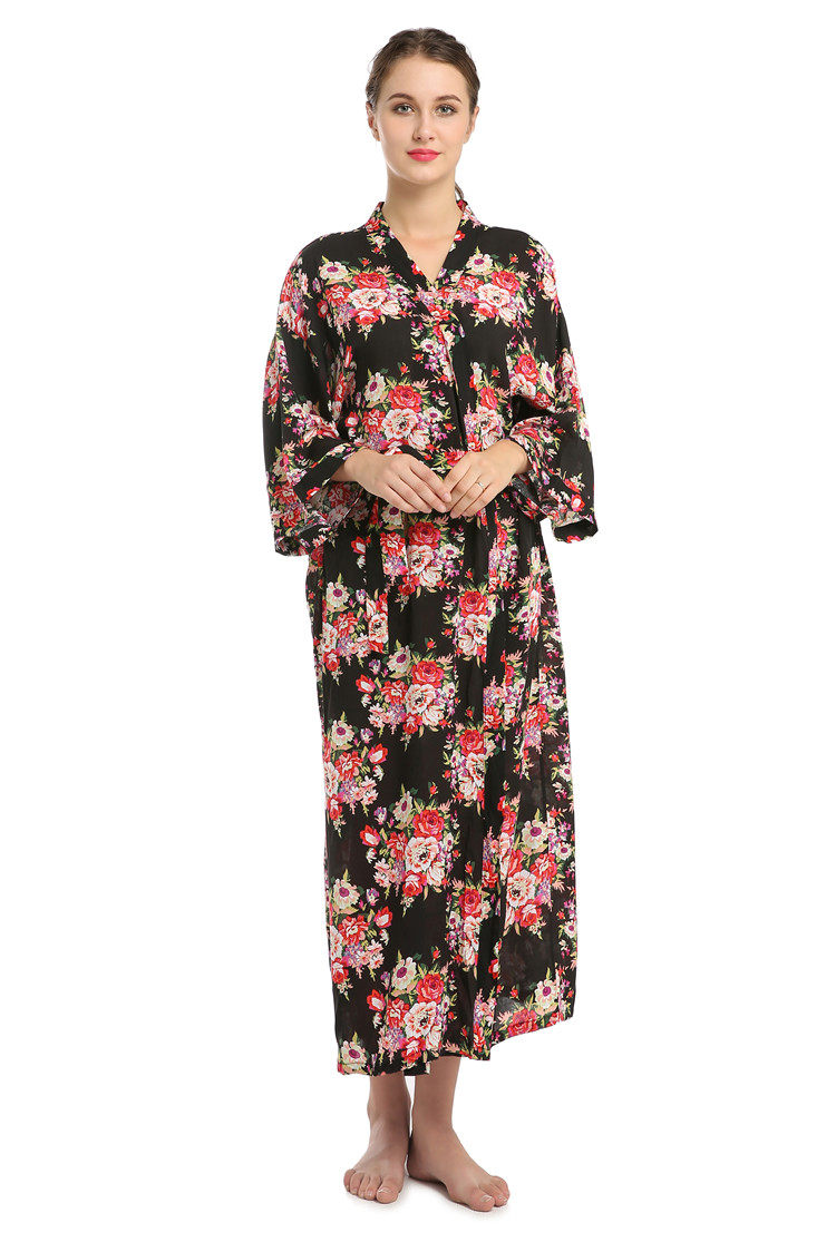 欧美加大加肥胖MM超长睡袍纯人棉绸花朵季女长袖日式和服浴袍长款