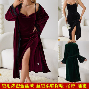 性感开叉露背金丝绒荡领吊带睡裙女秋冬薄绒长袖加长款睡袍墨绿色