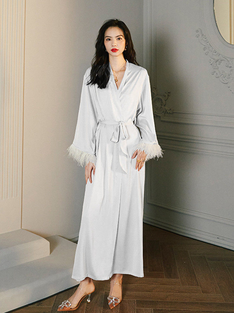 LIGHT LUXURY ICE SILK SATIN FEATHER BRIDAL MORNING GOWN DARK GREEN FEMALE BLACK SUSPENDER NIGHTDRESS SUPER LONG NIGHTGOWN BRIDESMAID BATHROBE