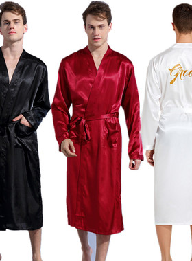 冰丝白色睡袍烫金Groom新郎晨袍男仿真丝长袖浴袍酒红色伴郎睡衣