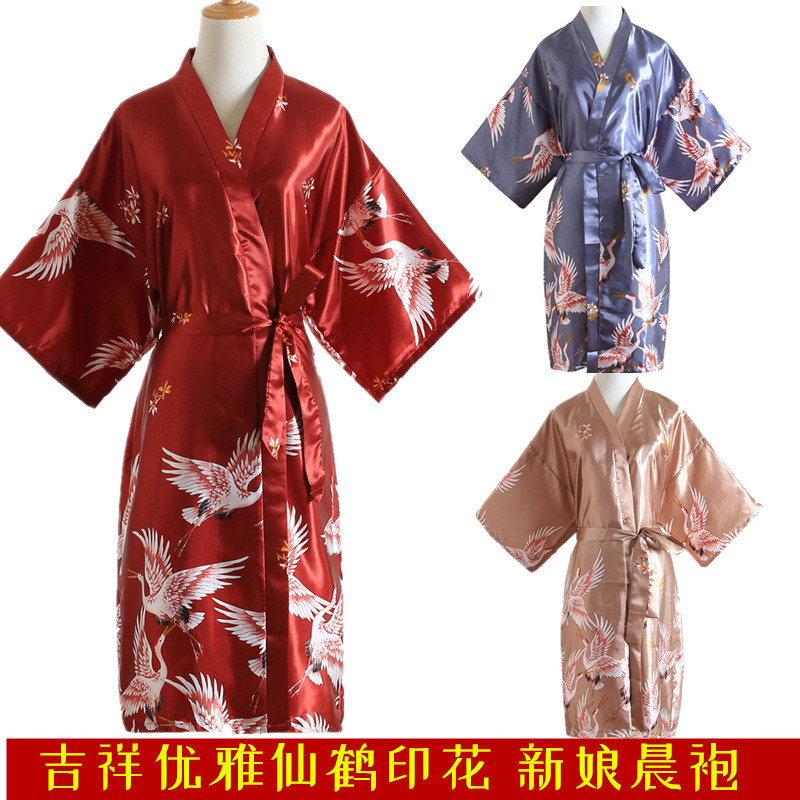 仙鹤新娘晨袍仿真丝派对伴娘浴袍