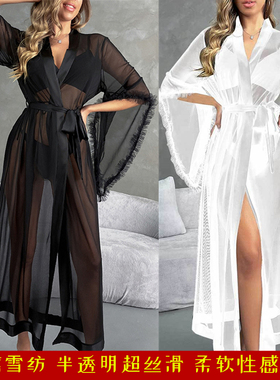 性感网纱超长冰丝睡袍女雪纺中长袖口花边半透明透视白色沙滩长袍