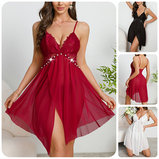 雪纺纱半透明性感内衣网纱吊带裙多色珍珠睡衣蕾丝开叉V领连衣裙