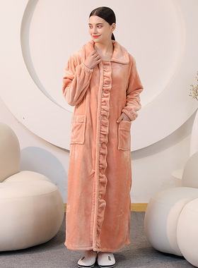 超长睡袍到脚踝秋冬加厚珊瑚绒女长袖法兰绒纽扣开衫睡裙黄色大码