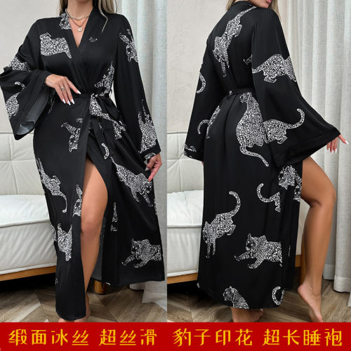 冰丝超长睡袍缎面黑色豹子印花女