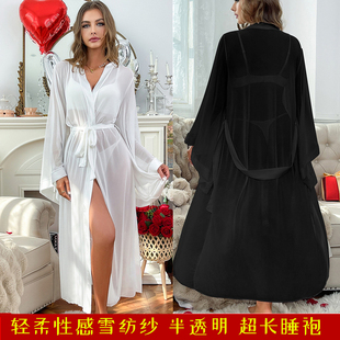 冰丝雪纺纱性感超长睡袍夏女半透明网纱喇叭长袖浴袍白色沙滩长袍
