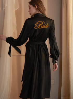高级冰丝黑色新娘晨袍定制Bride雪纺加长款法式礼服裙女伴娘睡袍