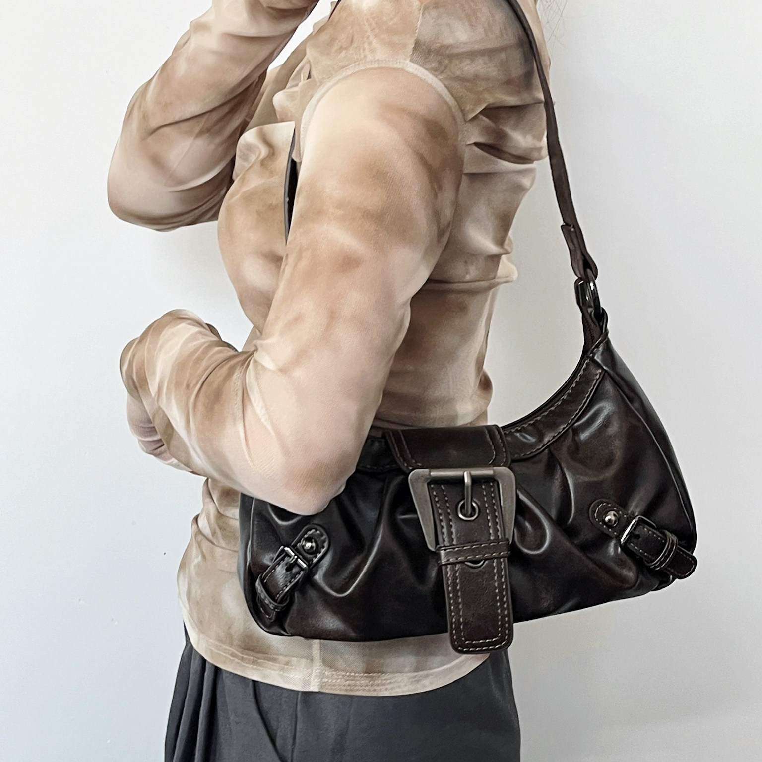 跨境热销美拉德风复古风辣妹Y2K废土风做旧双色皮革单肩包腋下包,箱包皮具/热销女包/男包,腋下包,淘宝优惠券,粉丝福利购,淘宝优惠卷